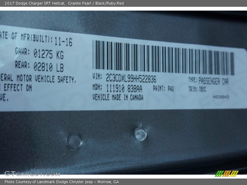 Granite Pearl / Black/Ruby Red 2017 Dodge Charger SRT Hellcat