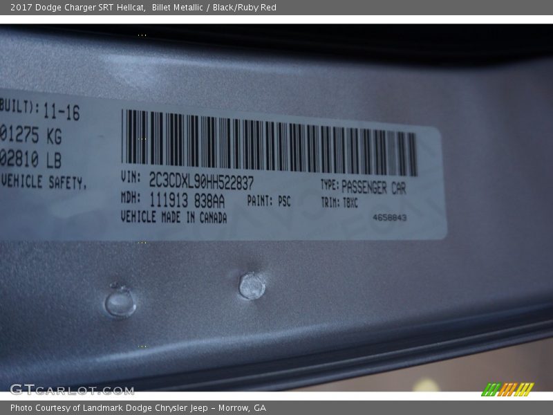 2017 Charger SRT Hellcat Billet Metallic Color Code PSC