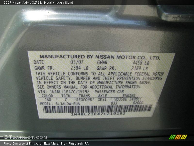 Metallic Jade / Blond 2007 Nissan Altima 3.5 SE