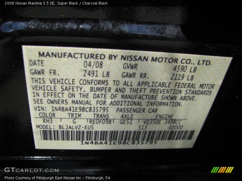Super Black / Charcoal Black 2008 Nissan Maxima 3.5 SE