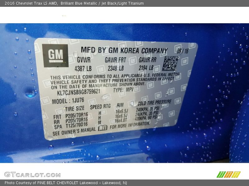 Brilliant Blue Metallic / Jet Black/Light Titanium 2016 Chevrolet Trax LS AWD