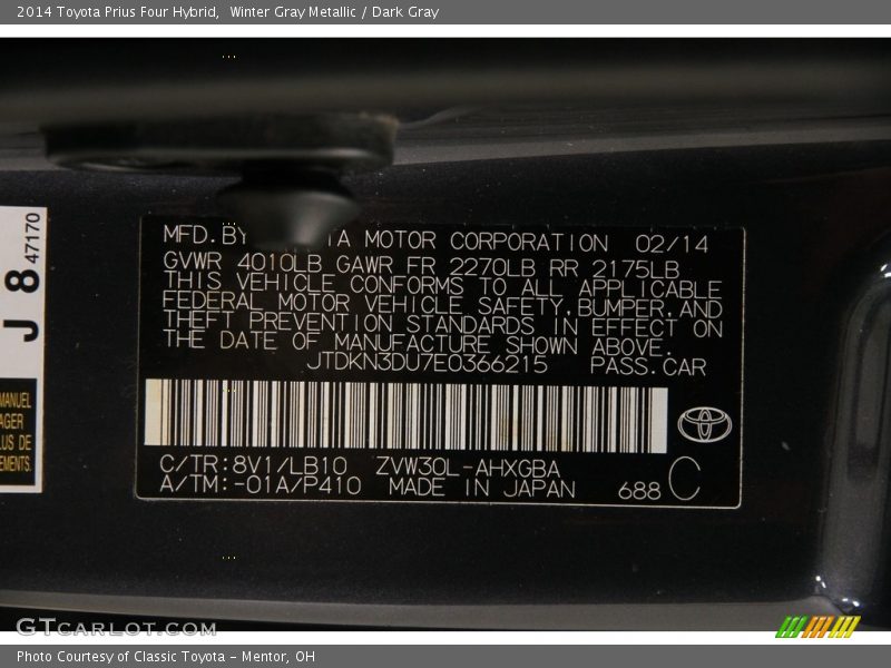 Winter Gray Metallic / Dark Gray 2014 Toyota Prius Four Hybrid