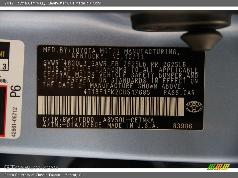 Clearwater Blue Metallic / Ivory 2012 Toyota Camry LE