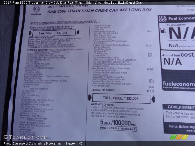 Bright Silver Metallic / Black/Diesel Gray 2017 Ram 3500 Tradesman Crew Cab Dual Rear Wheel