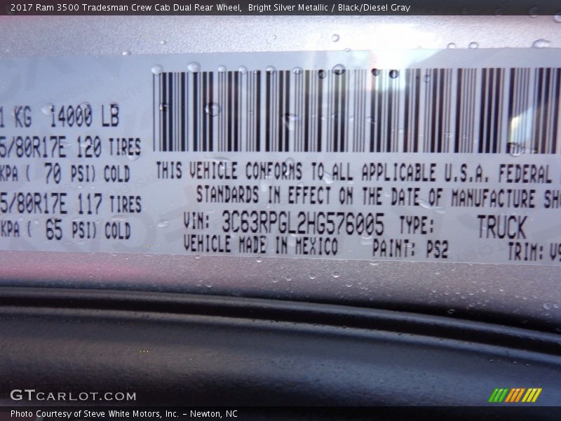 2017 3500 Tradesman Crew Cab Dual Rear Wheel Bright Silver Metallic Color Code PS2