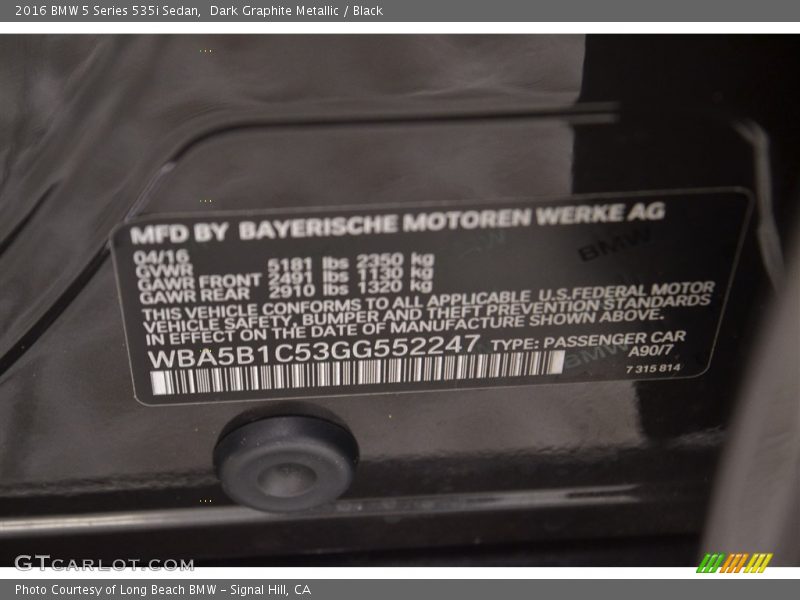 Dark Graphite Metallic / Black 2016 BMW 5 Series 535i Sedan