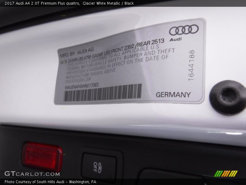 Glacier White Metallic / Black 2017 Audi A4 2.0T Premium Plus quattro