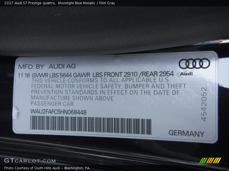 Moonlight Blue Metallic / Flint Gray 2017 Audi S7 Prestige quattro