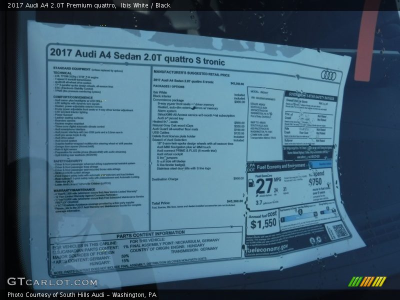  2017 A4 2.0T Premium quattro Window Sticker