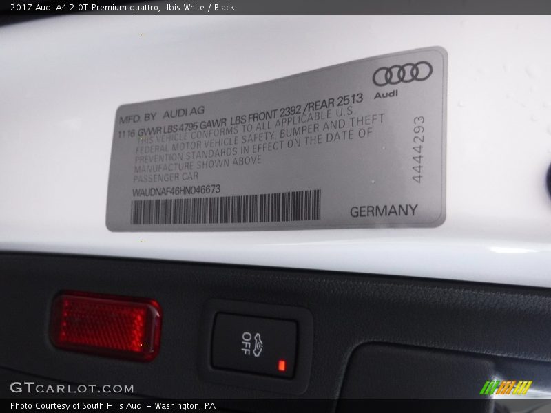 Ibis White / Black 2017 Audi A4 2.0T Premium quattro