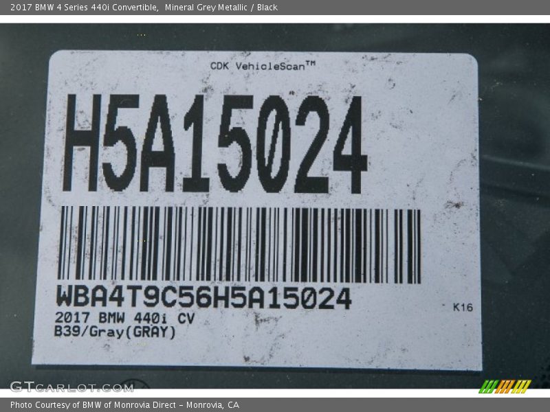 Mineral Grey Metallic / Black 2017 BMW 4 Series 440i Convertible