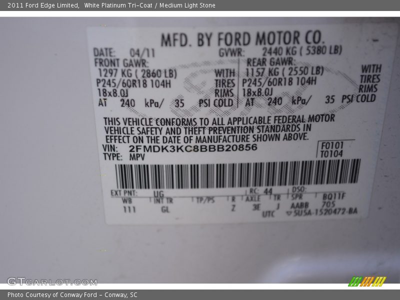 White Platinum Tri-Coat / Medium Light Stone 2011 Ford Edge Limited