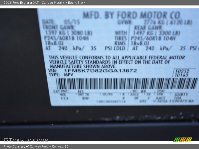 Caribou Metallic / Ebony Black 2016 Ford Explorer XLT