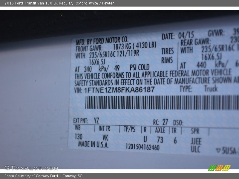 Oxford White / Pewter 2015 Ford Transit Van 150 LR Regular