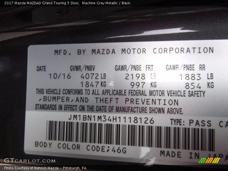 2017 MAZDA3 Grand Touring 5 Door Machine Gray Metallic Color Code 46G