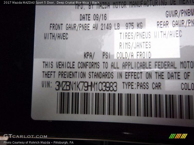 Deep Crystal Blue Mica / Black 2017 Mazda MAZDA3 Sport 5 Door