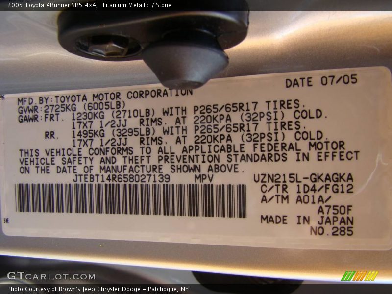 Titanium Metallic / Stone 2005 Toyota 4Runner SR5 4x4