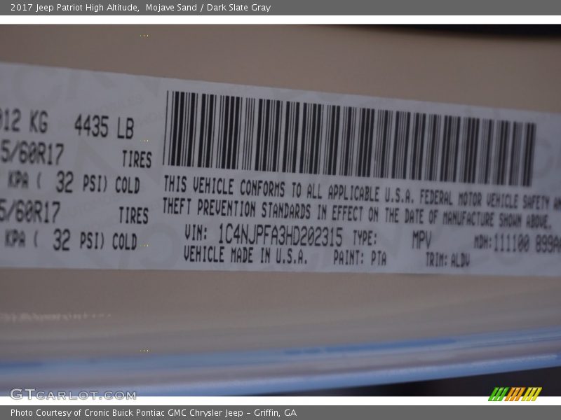 Mojave Sand / Dark Slate Gray 2017 Jeep Patriot High Altitude