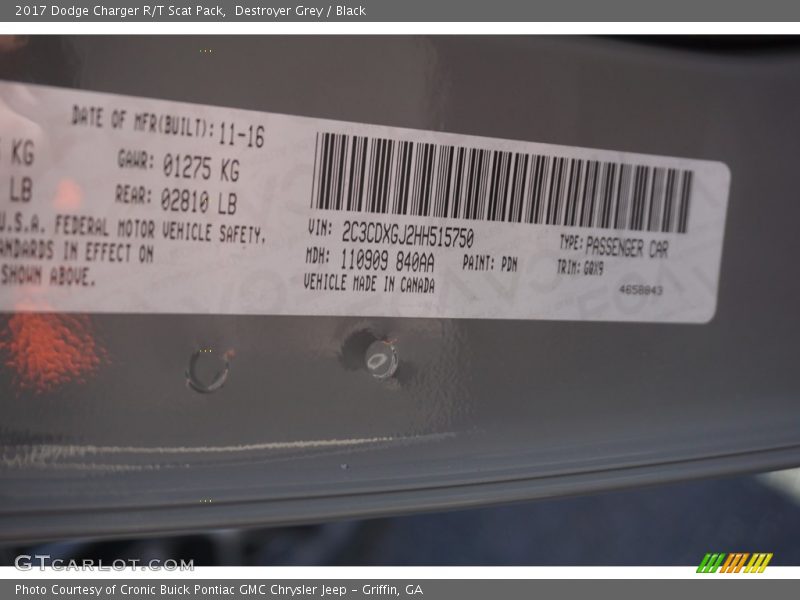 Destroyer Grey / Black 2017 Dodge Charger R/T Scat Pack