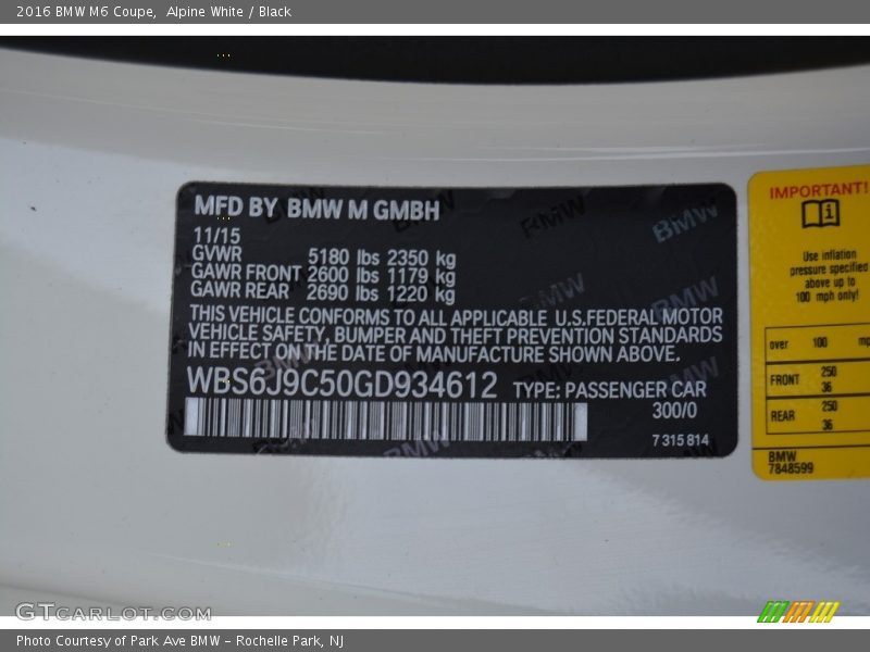 2016 M6 Coupe Alpine White Color Code 300