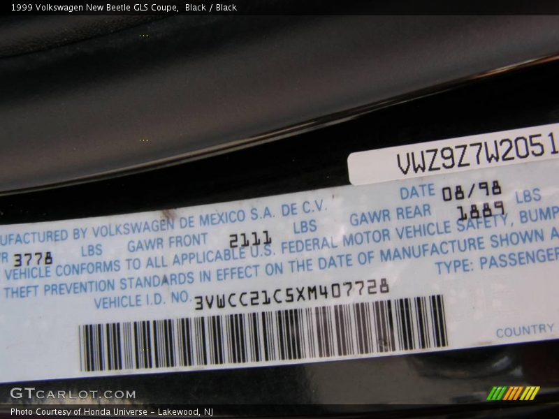 Black / Black 1999 Volkswagen New Beetle GLS Coupe