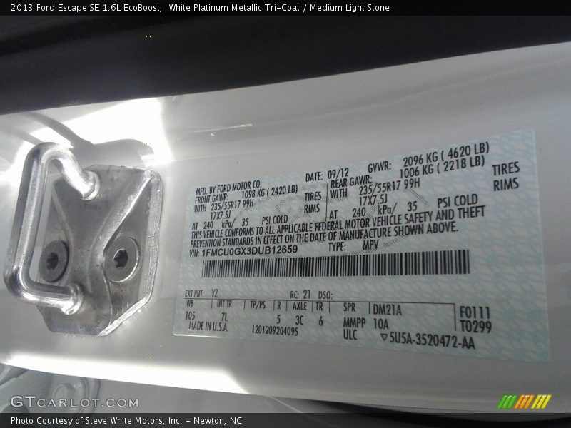 White Platinum Metallic Tri-Coat / Medium Light Stone 2013 Ford Escape SE 1.6L EcoBoost