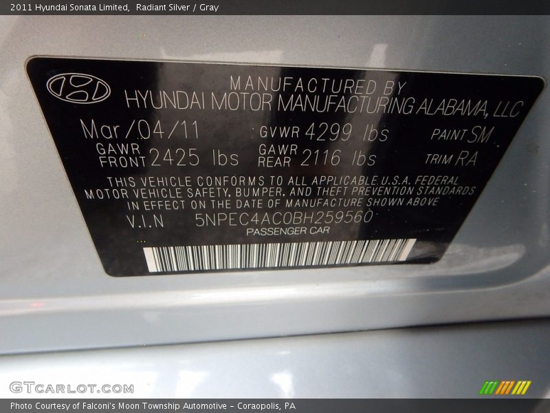 Radiant Silver / Gray 2011 Hyundai Sonata Limited