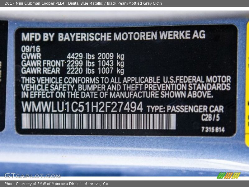 Digital Blue Metallic / Black Pearl/Mottled Grey Cloth 2017 Mini Clubman Cooper ALL4