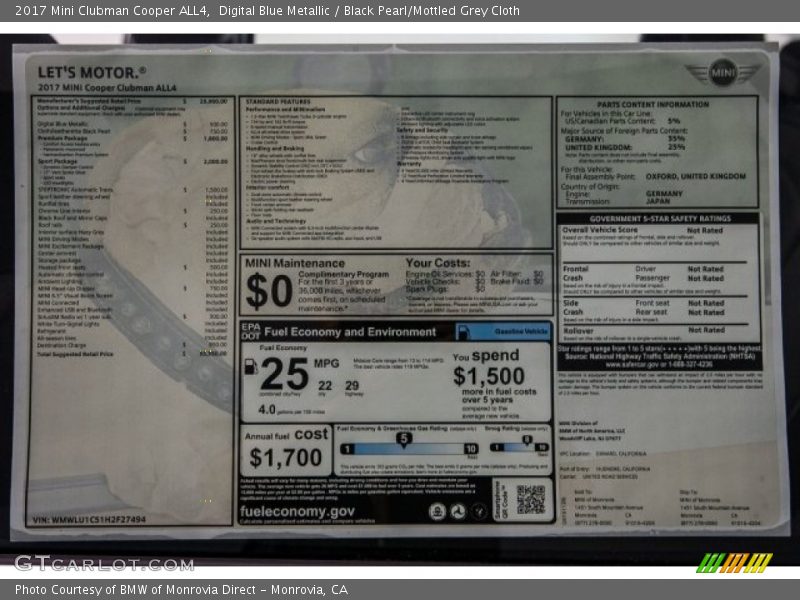 Digital Blue Metallic / Black Pearl/Mottled Grey Cloth 2017 Mini Clubman Cooper ALL4