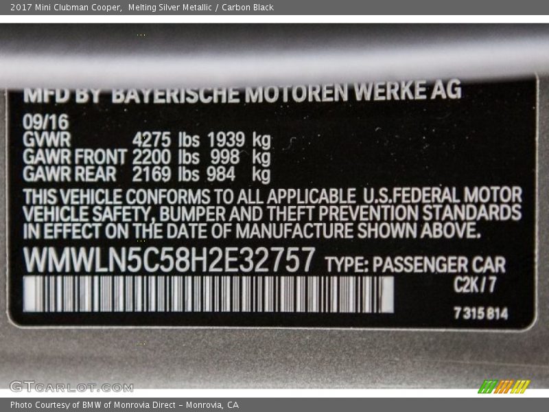 Melting Silver Metallic / Carbon Black 2017 Mini Clubman Cooper