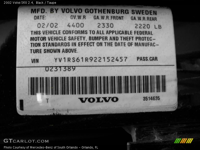 Black / Taupe 2002 Volvo S60 2.4