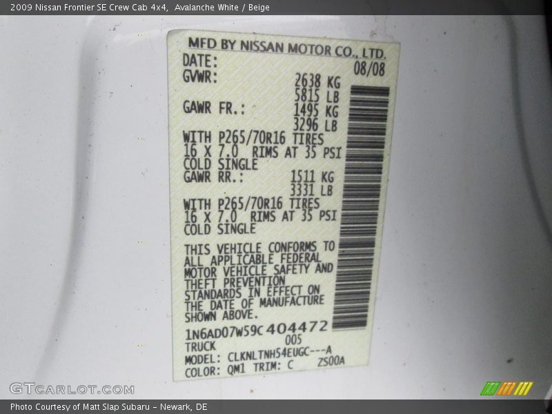Avalanche White / Beige 2009 Nissan Frontier SE Crew Cab 4x4