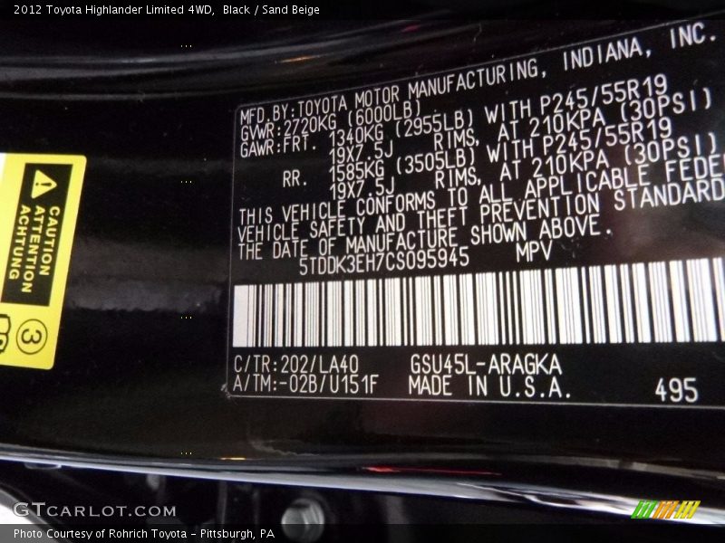 Black / Sand Beige 2012 Toyota Highlander Limited 4WD