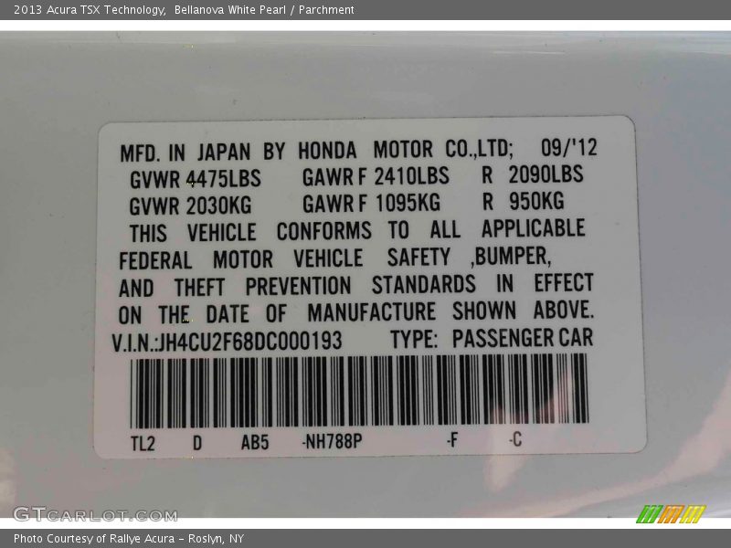Bellanova White Pearl / Parchment 2013 Acura TSX Technology