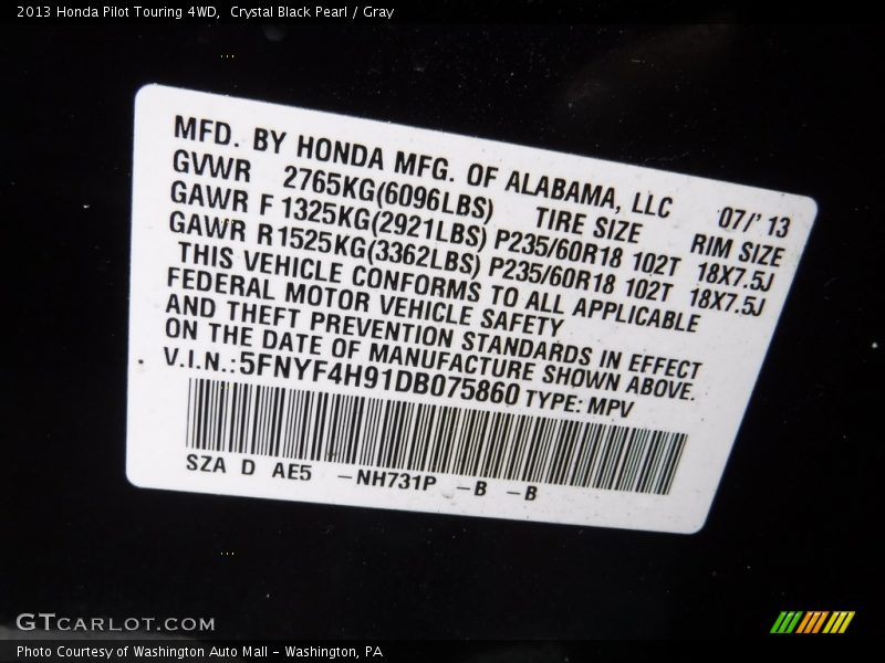 Crystal Black Pearl / Gray 2013 Honda Pilot Touring 4WD