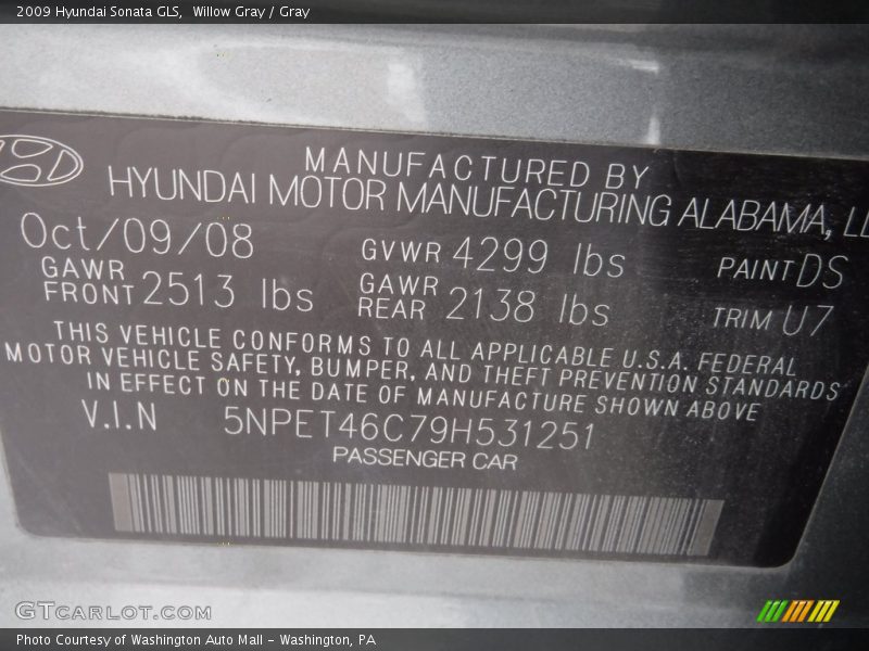 Willow Gray / Gray 2009 Hyundai Sonata GLS