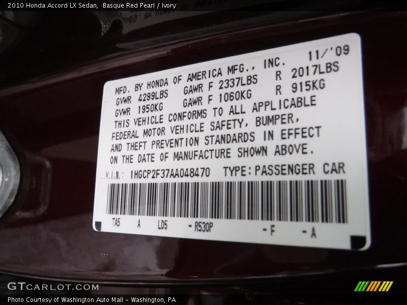 Basque Red Pearl / Ivory 2010 Honda Accord LX Sedan