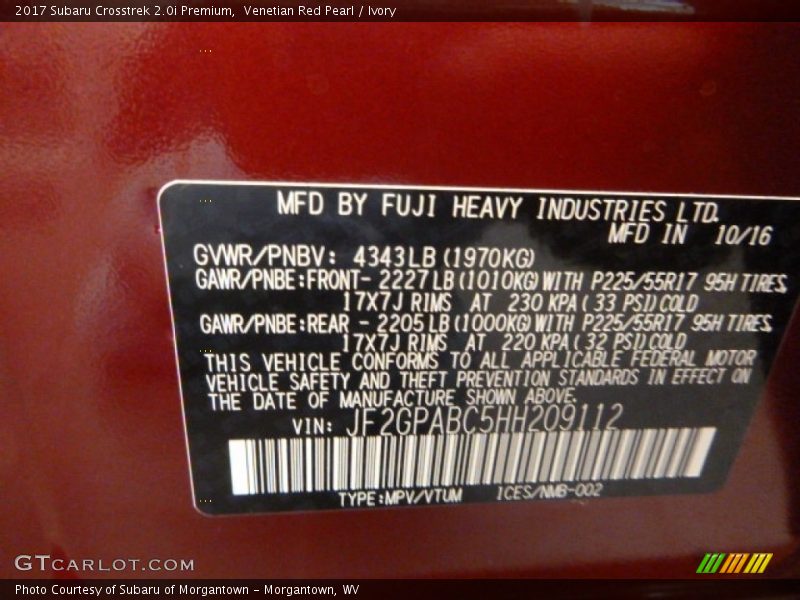 Venetian Red Pearl / Ivory 2017 Subaru Crosstrek 2.0i Premium
