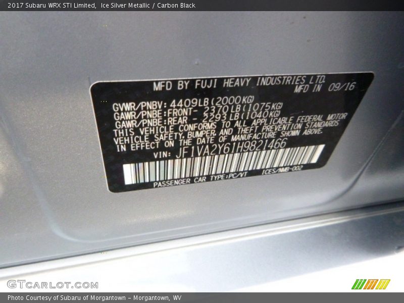 Ice Silver Metallic / Carbon Black 2017 Subaru WRX STI Limited