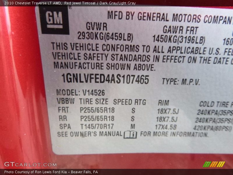 Red Jewel Tintcoat / Dark Gray/Light Gray 2010 Chevrolet Traverse LT AWD