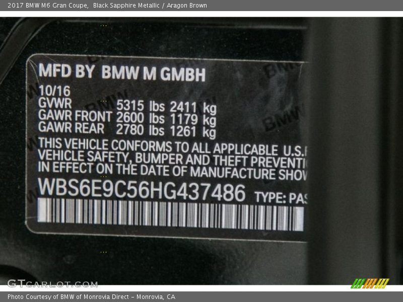 Black Sapphire Metallic / Aragon Brown 2017 BMW M6 Gran Coupe