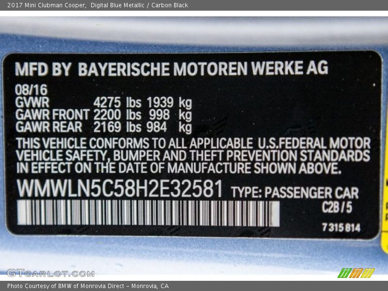 Digital Blue Metallic / Carbon Black 2017 Mini Clubman Cooper