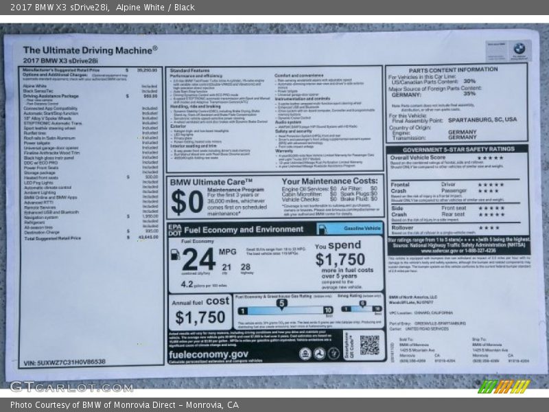 Alpine White / Black 2017 BMW X3 sDrive28i