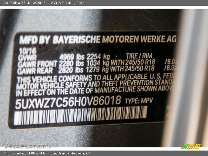 Space Gray Metallic / Black 2017 BMW X3 sDrive28i