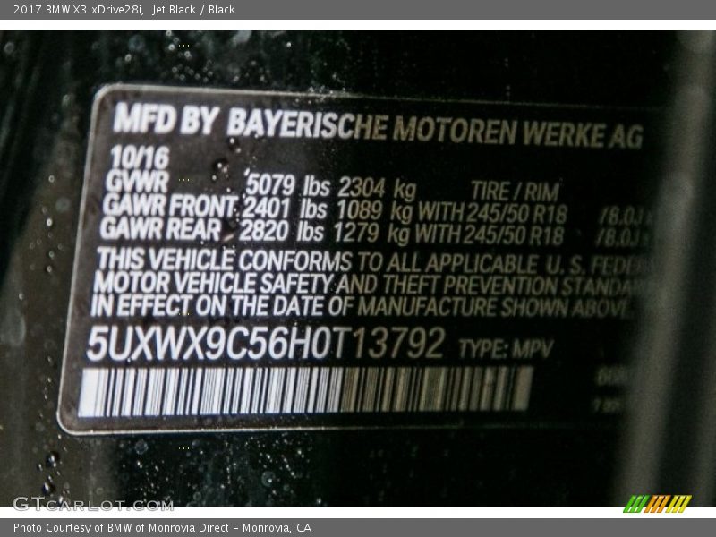 Jet Black / Black 2017 BMW X3 xDrive28i