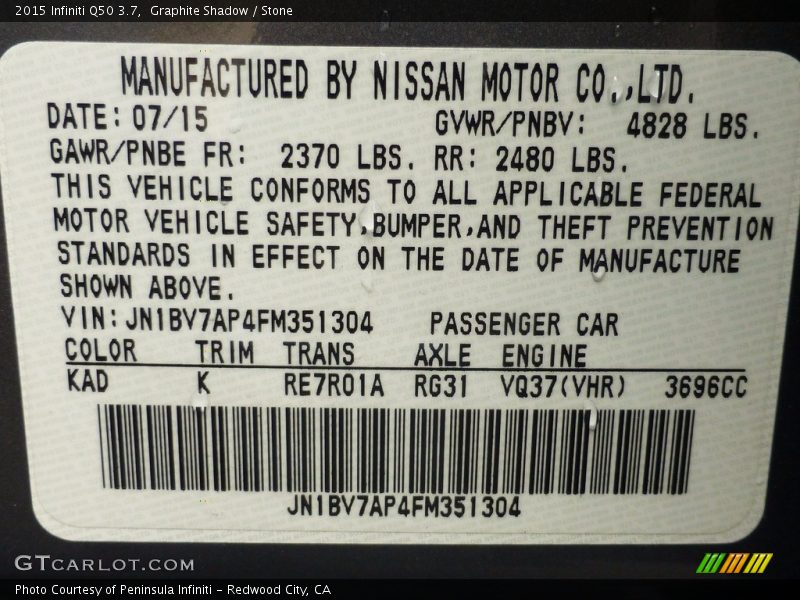 Graphite Shadow / Stone 2015 Infiniti Q50 3.7