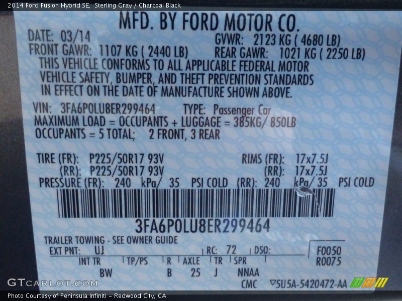 Sterling Gray / Charcoal Black 2014 Ford Fusion Hybrid SE