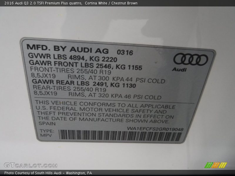 Cortina White / Chestnut Brown 2016 Audi Q3 2.0 TSFI Premium Plus quattro