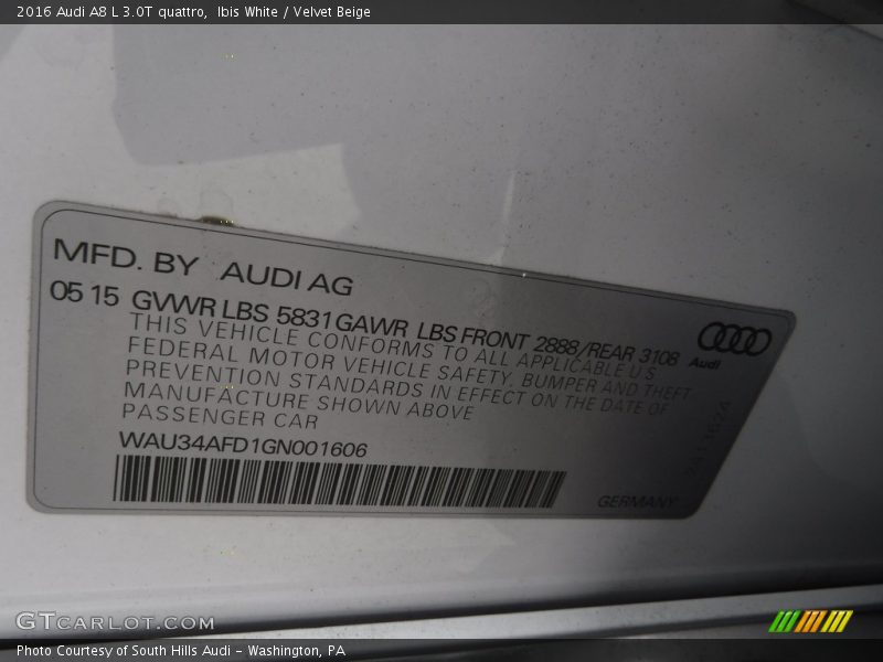 Ibis White / Velvet Beige 2016 Audi A8 L 3.0T quattro