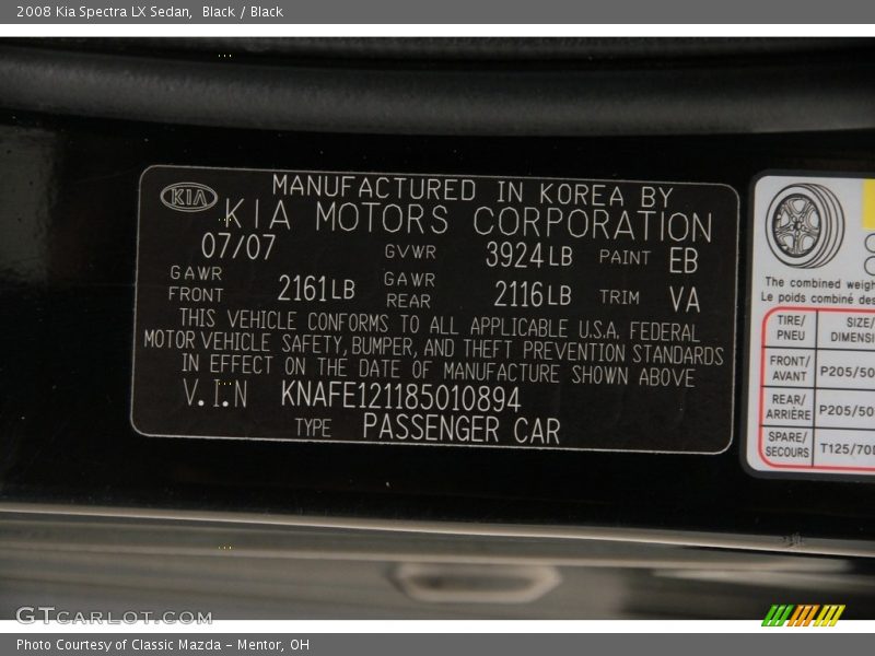 Black / Black 2008 Kia Spectra LX Sedan